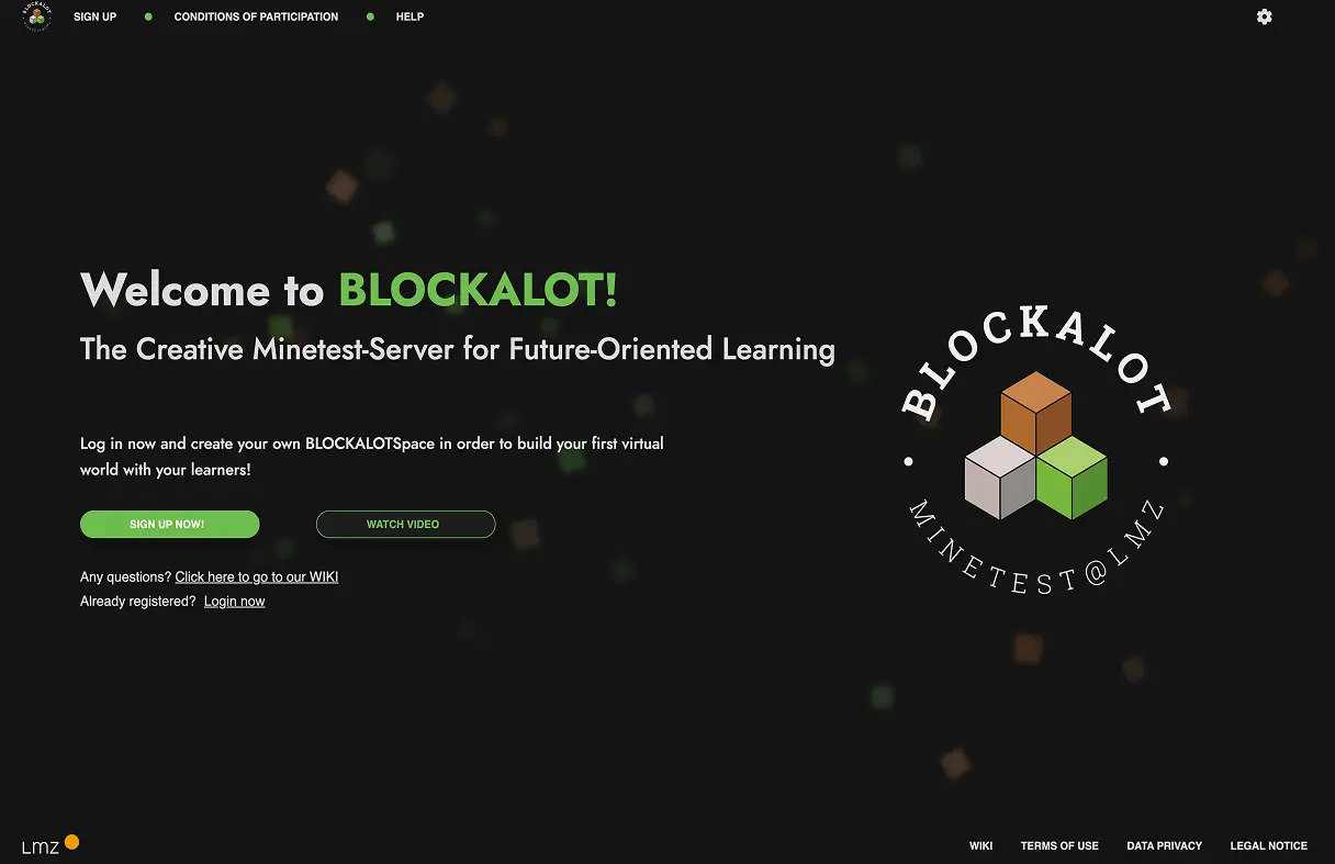 BLOCKALOT landing page for creating virtual learning worlds