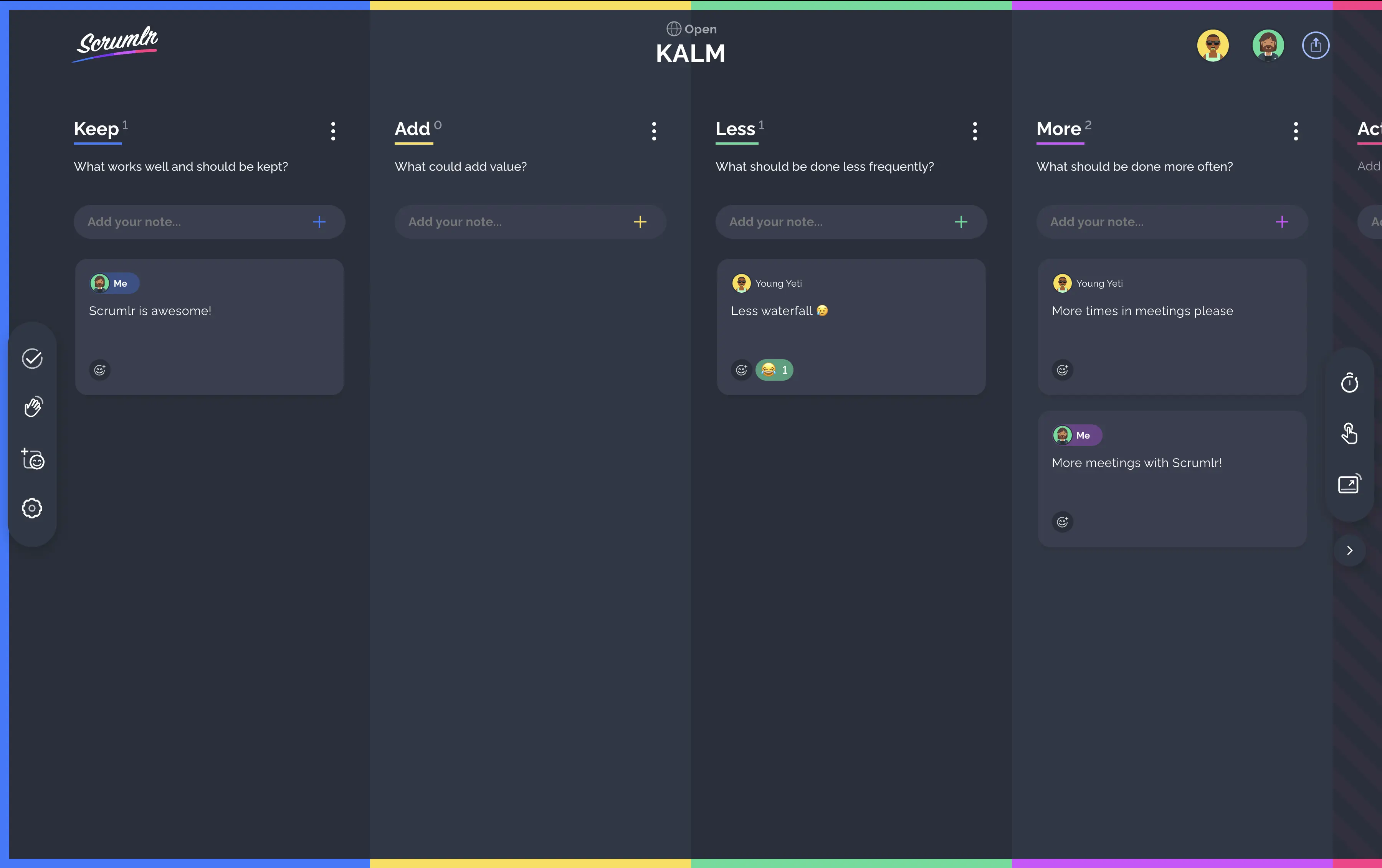 Scrumlr retrospective board with shared notes across meeting columns